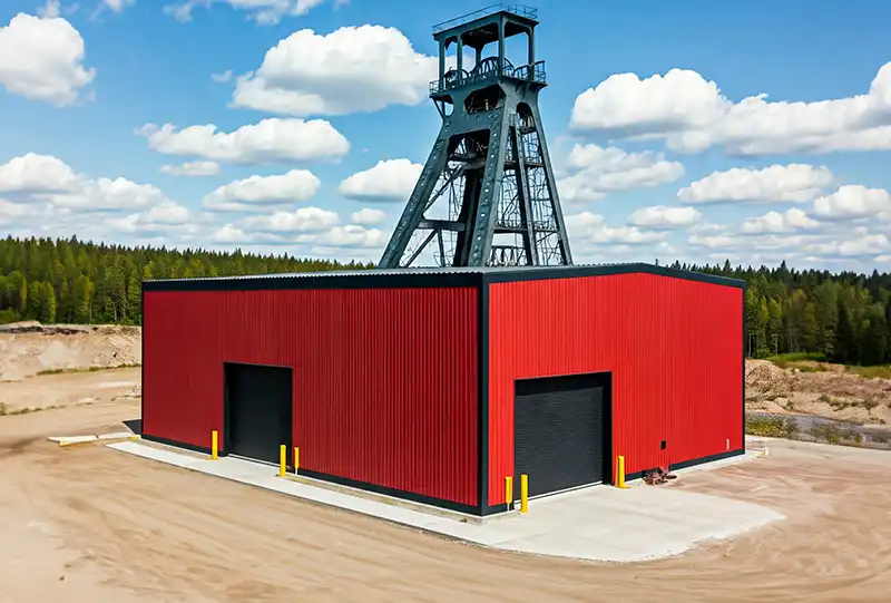 Prefab Steel Building at Mining Facility Red Prefab Steel Buildings at Mining Facility
